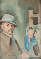 Autoportret ze sztalugą by Julian Fałat, 1911, akwarela, papier, sold Mar 2023