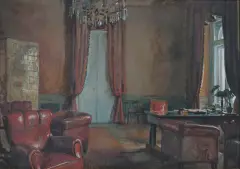 Jerzy Rupniewski, Wnętrze gabinetu, 1943, akwarela, gwasz, tektura