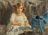 Nieokreślony Autor, Dziewczynka z wózkiem dla lalek, 1908, olej, płótno