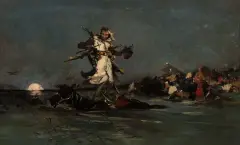 Józef Brandt, Lisowczyk stojący na siodle konia przepływa przez rzekę, ok. 1878, olej, płótno dublowane