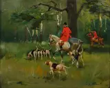Na polowaniu by Jerzy Kossak, 1927, olej, płótno naklejone na tekturę, sold Mar 2024