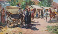 Targ w miasteczku by Stanisław Kaczor-Batowski, ok. 1920, olej, płótno dublowane, sold Mar 2024