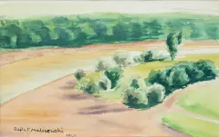 Pejzaż z rzeką by Rafał Malczewski, 1940, akwarela, papier, sold Jun 2024