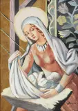 Władysław Roguski, Madonna z Dzieciątkiem, lata 30. XX w., gwasz, akwarela, złoto, karton