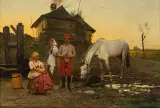 Antoni Kozakiewicz, Przed chatą, olej, deska