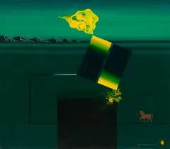 Pejzaż zielony z koniem by Henryk Płóciennik, 1977, olej, płótno, sold Dec 2024