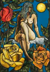 Benon Liberski, Kobieta i róże, 1970, olej, płótno