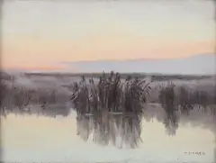 Teodor Ziomek, Poranne mgły, olej, płótno, tektura