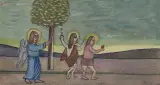 Nikifor Krynicki, Wygnanie z raju, lata 60. XX w., akwarela, srebrna farba, papier