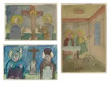 Nikifor Krynicki, Trzy obrazki ze świętymi, lata 60. XX w., gwasz, akwarela, ołówek, papier