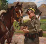 Wojciech Kossak, Ułan z koniem, 1933, olej, sklejka