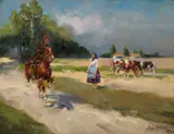 Jerzy Kossak, Spotkanie ułana z dziewczyną, 1930, olej, tektura