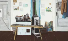 Martwa natura z pochlapaną ławką by Jarosław Modzelewski, 2001, tempera żółtkowa, płótno, sold Dec 2025