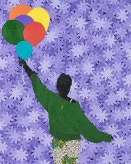 Six Balloons by Raphael Adjetey Adjei Mayne, 2022, kolaż, tkanina, akryl, afrykański druk woskowy, płótno, sold Dec 2025