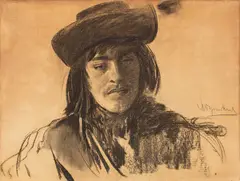 Leon Wyczółkowski, Hucuł, ok. 1901 (Popiersie młodego Hucuła), węgiel, papier naklejony na tekturę