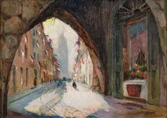 Jan Rubczak, Brama i ulica Floriańska w dniu Święta Narodowego, 1935, olej, sklejka