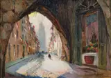 Jan Rubczak, Brama i ulica Floriańska w dniu Święta Narodowego, 1935, olej, sklejka