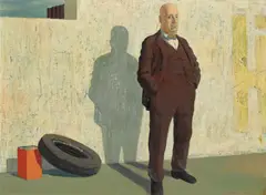 At the Garage (1959) by Jeffrey Smart, 1959, oil on composition board, sold May 2017