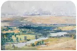 8th August. The Australian Advance Viewed from an Elevation just North of Corbie, the Ridge in Centre runs from Villers-Bretonneux on right edge of picture to Hamel on left 1918 by Arthur Streeton, 1918, oil on canvas, sold May 2017
