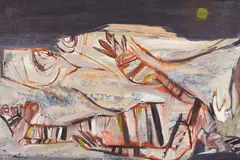 Centralian Nocturne 1959 by Jon Molvig, 1959, oil and wax on board, sold May 2017
