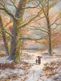 Barend Hendrik Koekkoek, (Walking in the Snow), oil on canvas