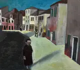 Robert Dickerson, Street Scene (1950), 1950, enamel paint on composition board