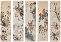 Jin He, Animals and Plants, ink and colour on paper, set of five, hanging scroll