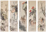 Jin He, Animals and Plants, ink and colour on paper, set of five, hanging scroll