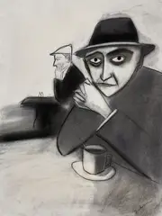 (Cafe Scene) by Robert Dickerson, charcoal on paper, sold Oct 2016