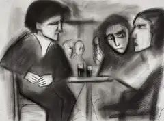 (Cafe Scene) by Robert Dickerson, charcoal on paper, offered Oct 2016