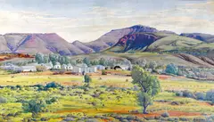 Finke River Mission and Mount Hermannsburg, Northern Territory by Albert Namatjira, watercolour over pencil on paper, sold Aug 2016