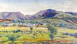 Finke River Mission and Mount Hermannsburg, Northern Territory by Albert Namatjira, watercolour over pencil on paper, sold Aug 2016