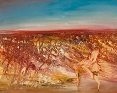 (Burke on Camel) (1966) by Sidney Nolan, 1966, synthetic polymer paint on composition board, offered Aug 2016