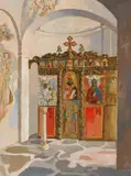 Justin O'Brien, Church Interior, Skyros (1968), 1968, oil on paper on board
