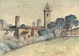 Lloyd Rees, Tuscan Towers, San Gimignano from the North 1973, 1973, ink and watercolour on paper