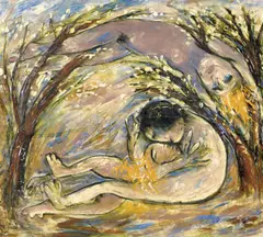 Lovers in an Orchard (1962-1963) by Arthur Boyd, 1962-1963, earthenware, coloured slips, clear glaze, sold May 2016