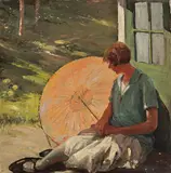 James Ranalph Jackson, The Orange Parasol, oil on canvas on board