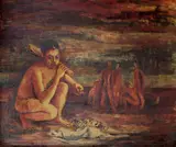 Donald Friend, Native Boy with Fish 1945, 1945, oil, pen and ink on composition board