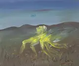 Yellow Nebuchadnezzar Running in a Hilly Landscape (1972) by Arthur Boyd, 1972, oil on board, sold May 2016