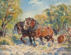 Cathleen Edkins, (Hauling the Logs), oil on canvas