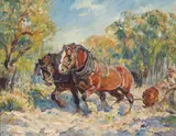 Cathleen Edkins, (Hauling the Logs), oil on canvas