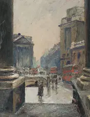 Pietro Sansalvadore, (London: The Bank from the Royal Exchange) 1948, 1948, oil on composition board