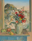 Justin O'Brien, Still Life against a Landscape (1972), 1972, oil on canvas on composition board