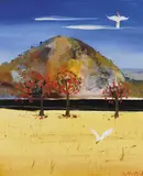 Arthur Boyd, Flame Trees and Cockatoos, oil on board