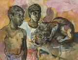 Balinese with a Cat and Mouse Carving by Donald Friend, watercolour, ink and gouache on paper, sold Aug 2015