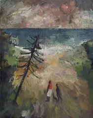 (Two Figures on a Beach) (1952) by Sam Fullbrook, 1952, oil on composition board, offered Aug 2015