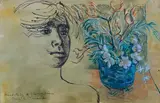 Donald Friend, Head Study and Flower Piece, ink wash and crayon on paper