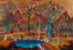 Donald Friend, (Australian Fantasy) (1964), 1964, oil and gold leaf on composition board