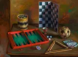 Games Table (1977) by Margaret Olley, 1977, oil on composition board, sold Apr 2015