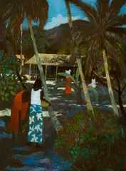 Islanders and Patterned Light (1972) by Ray Crooke, 1972, oil on canvas on composition board, sold Apr 2015